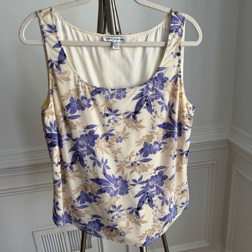 St. John Purple and Cream Floral Silk Sleeveless Top Blouse Large